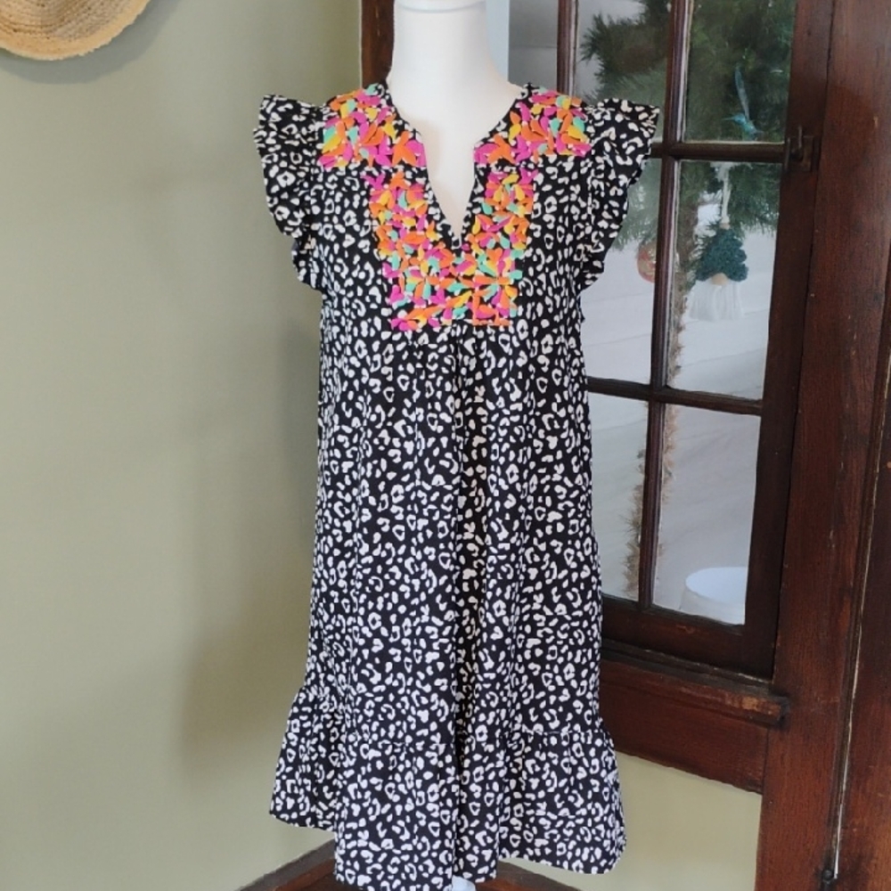THML Black and White Dress with Pink and Orange Embroidery